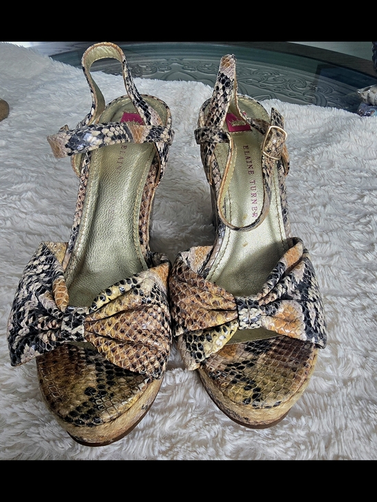 Elaine Turner Snake-Print Bow Platform Sandals in Brown and Black